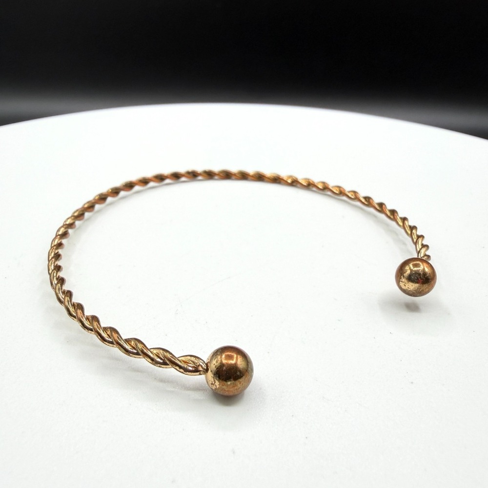 Copper Tone Twisted Rope Open Cuff Bracelet Ball End Minimalist Boho Jewelry